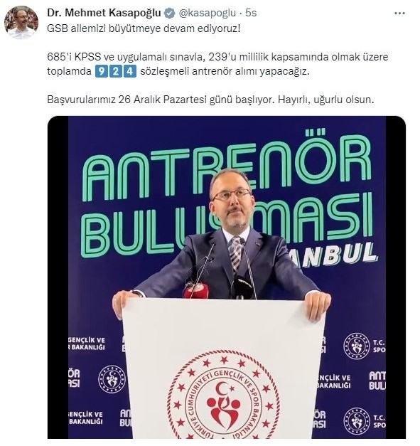 Gençlik ve Spor Bakanı Kasapoğlu'ndan sözleşmeli antrenör alımı müjdesi! İşte başvuru tarihi...
